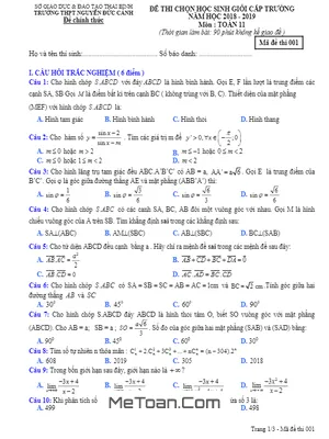 Đề thi HSG Toán 11 năm 2018 - 2019 trường Nguyễn Đức Cảnh - Thái Bình