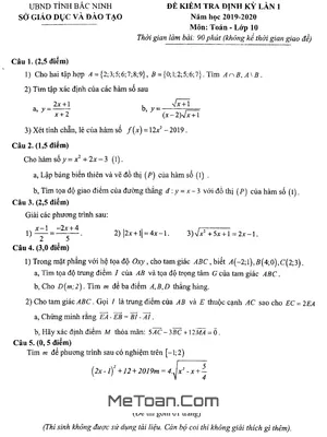 Đề kiểm tra định kỳ lần 1 Toán 10 năm 2019 - 2020 sở GD&ĐT Bắc Ninh