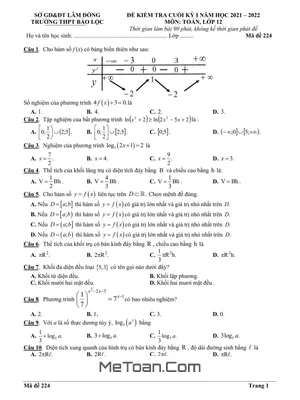 Đề thi học kỳ 1 Toán 12 năm 2021 - 2022 trường THPT Bảo Lộc - Lâm Đồng mã đề 224