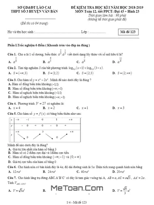 Đề thi học kỳ 1 Toán 12 năm 2018 - 2019 trường THPT số 3 Văn Bàn - Lào Cai (có đáp án)