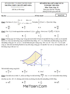 Đề thi giữa học kỳ 2 Toán 12 năm 2023 - 2024 trường chuyên Biên Hòa - Hà Nam