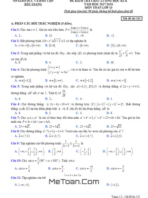 Đề thi học kỳ 2 Toán 10 năm 2017 - 2018 Sở GD&ĐT Bắc Giang (có đáp án)
