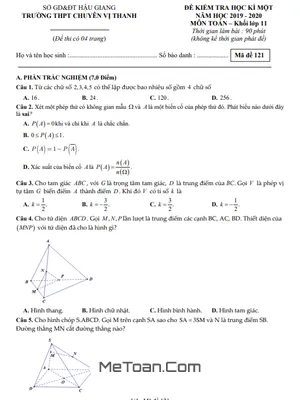 Đề thi học kì 1 Toán 11 năm 2019 - 2020 trường THPT chuyên Vị Thanh - Hậu Giang (có lời giải)