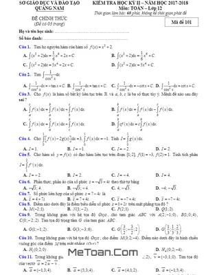 Đề thi học kỳ 2 Toán 12 năm 2017 - 2018 Sở GD&ĐT Quảng Nam [Mã đề 101]