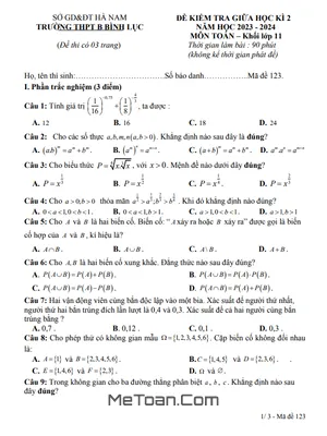 Đề giữa học kỳ 2 Toán 11 năm 2023 – 2024 trường THPT B Bình Lục – Hà Nam