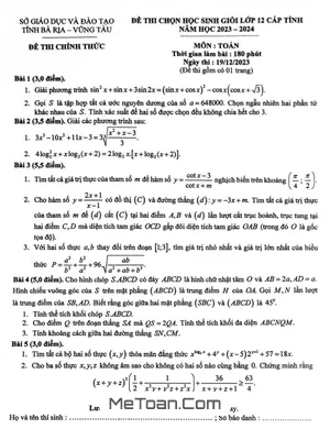 Đề thi học sinh giỏi Toán 12 cấp tỉnh năm 2023 - 2024 sở GD&ĐT Bà Rịa – Vũng Tàu