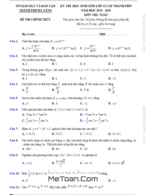 Đề thi học sinh giỏi Toán 12 năm học 2019 - 2020 sở GD&ĐT Đà Nẵng