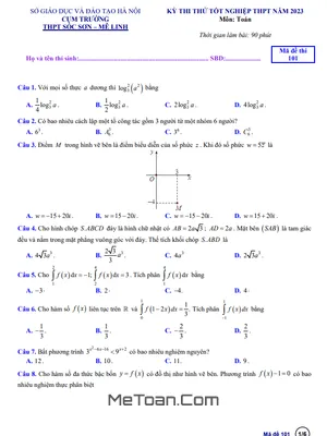 Bộ Đề thi thử THPT Quốc gia 2023 môn Toán cụm Sóc Sơn & Mê Linh - Hà Nội (có đáp án)