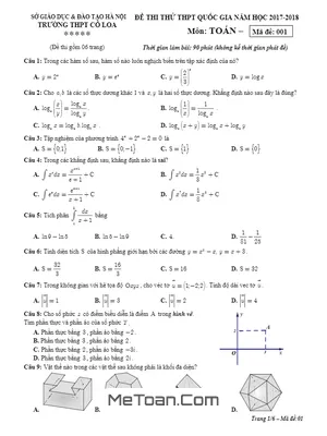 Đề thi thử Toán THPTQG 2018 trường THPT Cổ Loa - Hà Nội lần 2