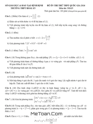 Đề thi thử THPT Quốc gia môn Toán năm 2016 trường Hoài Ân - Bình Định