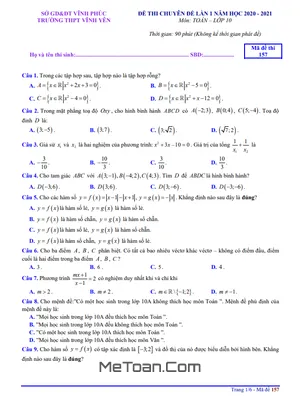 Đề thi chuyên đề Toán 10 lần 1 năm 2020 – 2021 trường THPT Vĩnh Yên – Vĩnh Phúc