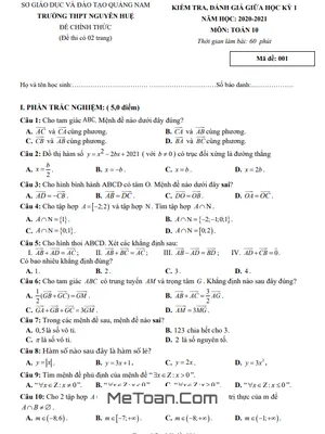Đề thi giữa HK1 Toán 10 năm 2020 - 2021 trường THPT Nguyễn Huệ - Quảng Nam