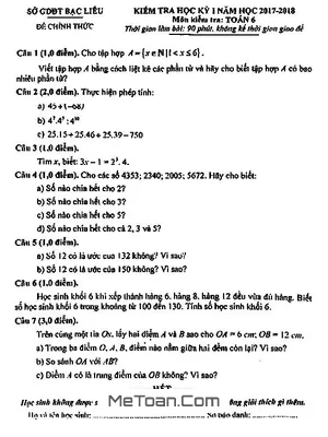 Đề thi HK1 môn Toán lớp 6 năm học 2017 - 2018 Sở GD&ĐT Bạc Liêu