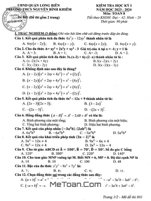 Đề thi học kì 1 Toán 8 năm 2023 - 2024 trường THCS Nguyễn Bỉnh Khiêm - Hà Nội (Mã đề 801)