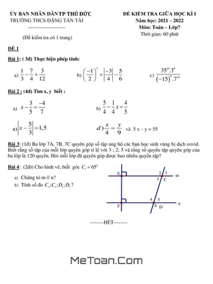 Đề thi giữa học kì 1 Toán 7 năm 2021 - 2022 trường THCS Đặng Tấn Tài - TP HCM