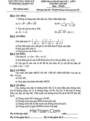 Đề thi học kì 1 Toán 9 năm 2020 - 2021 Sở GD&ĐT Thừa Thiên Huế