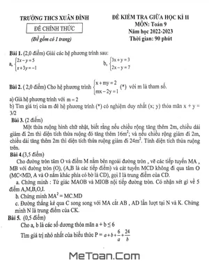 Đề thi giữa kì 2 Toán 9 năm 2022 - 2023 trường THCS Xuân Đình - Hà Nội
