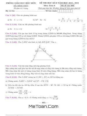 Đề thi HK2 Toán 8 năm 2018 - 2019 phòng GD&ĐT Hóc Môn - TP HCM