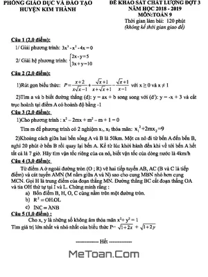 Đề khảo sát đợt 3 Toán 9 năm 2018 - 2019 phòng GD&ĐT Kim Thành - Hải Dương