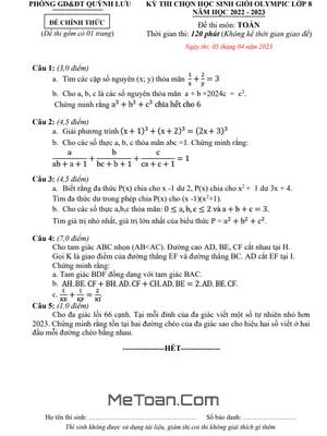 Đề Thi HSG Olympic Toán 8 Năm 2022 - 2023 Phòng GD&ĐT Quỳnh Lưu - Nghệ An