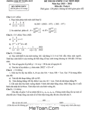 Đề thi Olympic Toán 6 năm 2021 - 2022 phòng GD&ĐT Nghĩa Đàn, Nghệ An