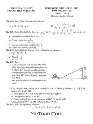 Đề thi giữa kì 1 Toán 9 năm 2023 - 2024 trường THCS Nghĩa Tân - Hà Nội