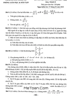 Đề thi học kì 2 Toán 9 năm 2021 - 2022 phòng GD&ĐT Thanh Trì - Hà Nội
