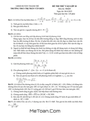 Đề thi thử Toán vào lớp 10 năm 2023 trường THCS thị trấn Văn Điển – Hà Nội