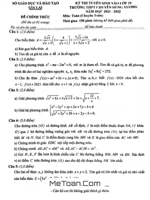 Đề thi vào lớp 10 chuyên Toán trường THPT chuyên Hùng Vương - Gia Lai năm 2021 - 2022
