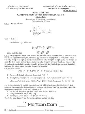 Đề Thi Vào Lớp 10 Chuyên Toán ĐHSP Hà Nội Năm 2019 (Đề Chung)