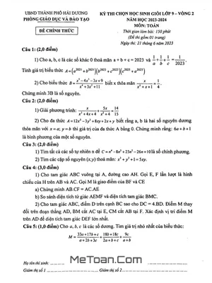 Đề HSG Toán 9 Vòng 2 Năm 2023 - 2024 Phòng GD&ĐT Thành Phố Hải Dương