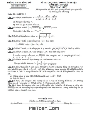 Đề HSG Toán 9 Cấp Huyện Năm 2019 - 2020 Phòng GD&ĐT Sông Lô - Vĩnh Phúc