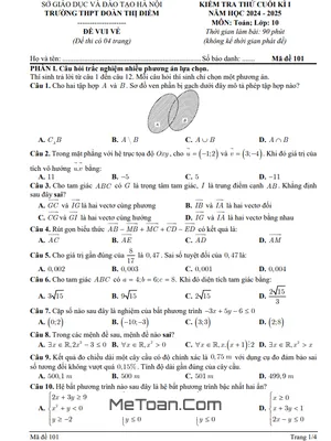 Đề thi thử cuối kì 1 Toán 10 năm 2024 - 2025 trường THPT Đoàn Thị Điểm - Hà Nội