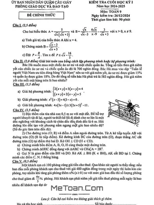 Đề thi học kỳ 1 Toán 9 năm 2024 - 2025 phòng GD&ĐT Cầu Giấy - Hà Nội