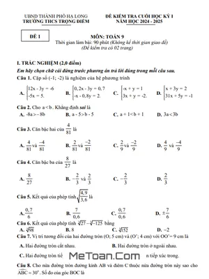 Đề thi học kì 1 Toán 9 năm 2024 - 2025 trường THCS Trọng Điểm - Quảng Ninh