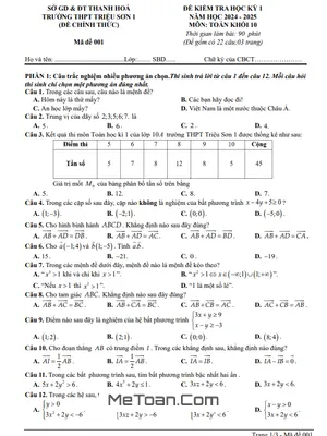 Đề thi học kỳ 1 Toán 10 năm 2024 - 2025 trường THPT Triệu Sơn 1 - Thanh Hóa (có đáp án)