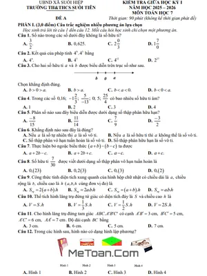 Đề thi Giữa Học Kỳ 1 Môn Toán Lớp 7 Năm 2025 – 2026 (Kèm Lời Giải) – Trường TH&THCS Suối Tiên, Khánh Hòa