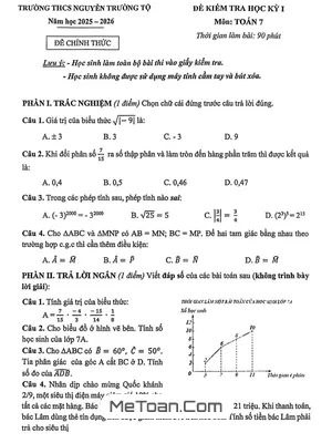 Đề Thi Học Kỳ I Toán 7 Năm Học 2025-2026 Trường THCS Nguyễn Trường Tộ, Hà Nội