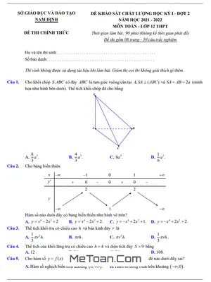 Đề khảo sát chất lượng học kỳ 1 Toán 12 năm 2021 - 2022 Sở GD&ĐT Nam Định (đợt 2)