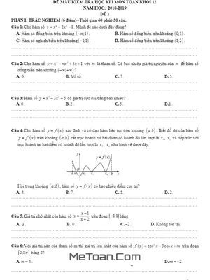 Trọn bộ 5 Đề Mẫu Kiểm Tra Học Kỳ 1 Môn Toán 12 Năm 2018 - 2019 trường THPT Marie Curie