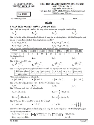 Đề thi giữa kỳ 1 Toán 11 năm 2023 - 2024 trường THPT Lê Lợi - Kon Tum