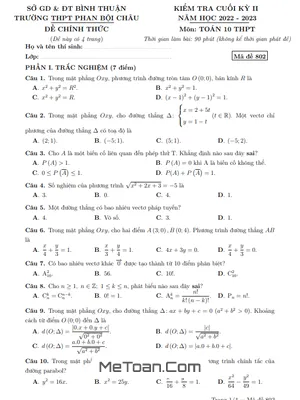 Đề thi học kì 2 Toán 10 năm 2022 – 2023 trường THPT Phan Bội Châu – Bình Thuận