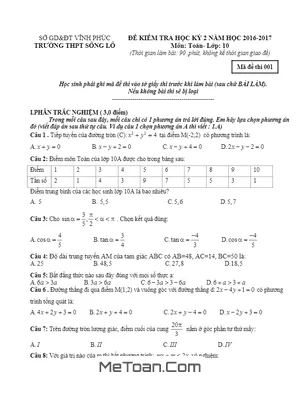 Đề thi HK2 Toán 10 năm 2016 - 2017 trường THPT Sông Lô - Vĩnh Phúc (có đáp án)