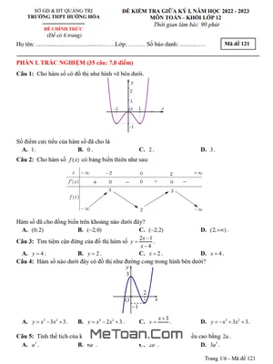 Đề thi giữa kỳ 1 Toán 12 năm 2022 - 2023 trường THPT Hướng Hóa - Quảng Trị