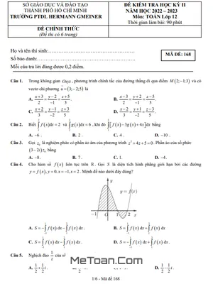 Đề Học Kỳ 2 Toán 12 Năm 2022 - 2023 Trường PTDL Hermann Gmeiner - TP HCM