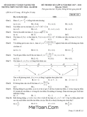 Đề thi học kỳ 2 Toán 12 năm 2017 - 2018 trường THPT Nguyễn Trãi - Hà Nội