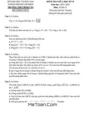 Đề Thi Giữa Học Kỳ 2 Toán 11 Năm 2023 - 2024 Trường THPT Bình Tân - TP HCM