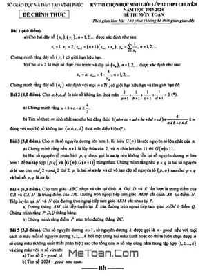 Đề thi học sinh giỏi Toán 12 chuyên năm 2023 - 2024 sở GD&ĐT Vĩnh Phúc