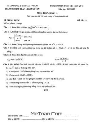 Đề thi học kỳ 2 Toán 11 năm 2022 - 2023 trường THPT Trần Khai Nguyên - TP.HCM
