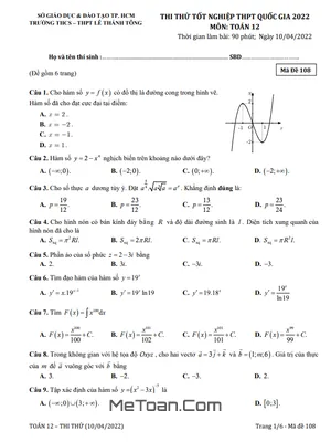 Đề thi thử tốt nghiệp THPT 2022 môn Toán trường Lê Thánh Tông – TP HCM